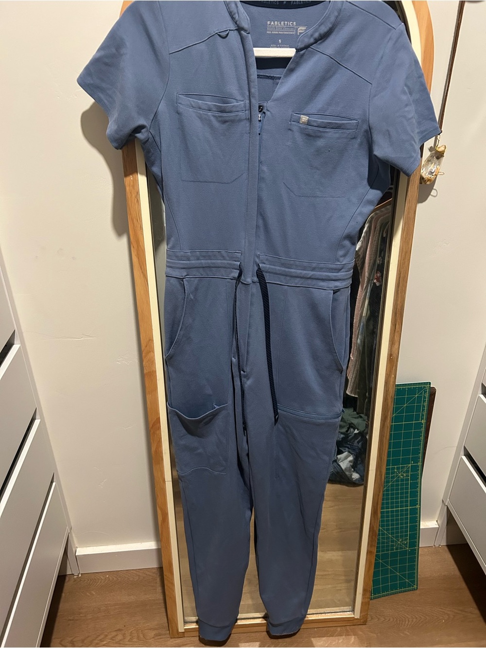 Fabletics Dusty Blue Short-Sleeve Zip-Front Jumpsuit